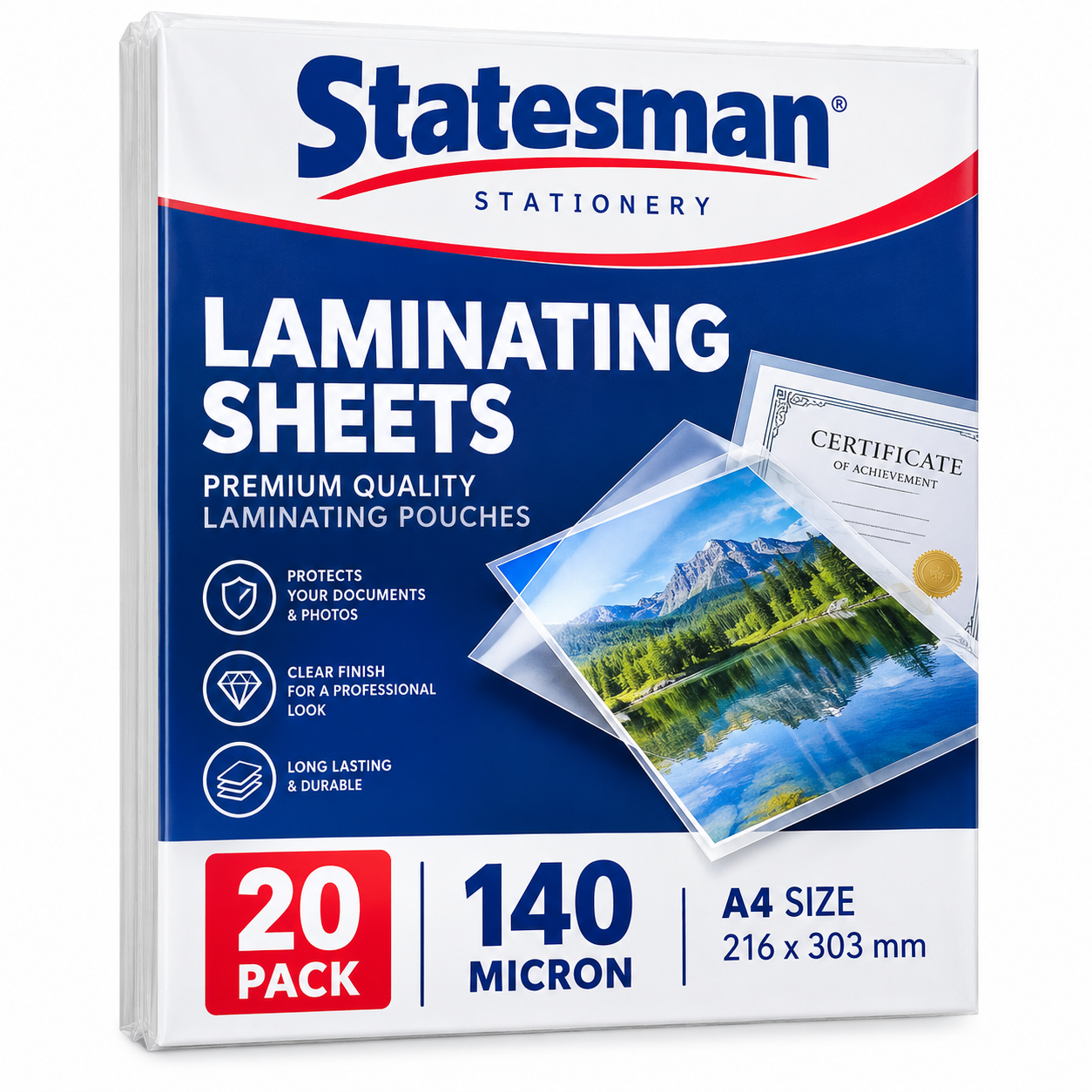 Statesman A4 Laminating Pouches 20 Pack - 140 Micron - Ideal For Students !!!