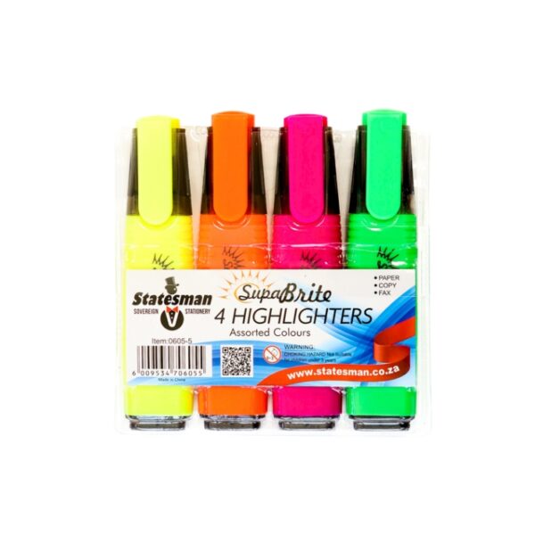 Statesman Bright Highlighters Assorted Colours 4 Pack